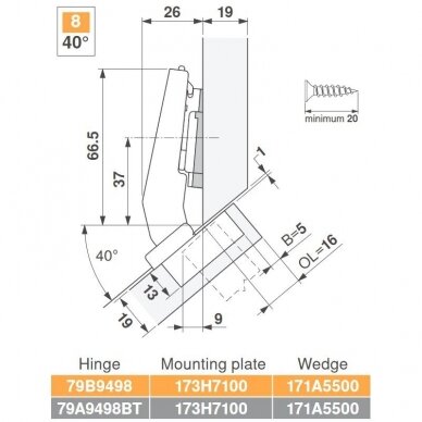 CLIP top +45° III hinge, self close function, diagonal, Inserta 1