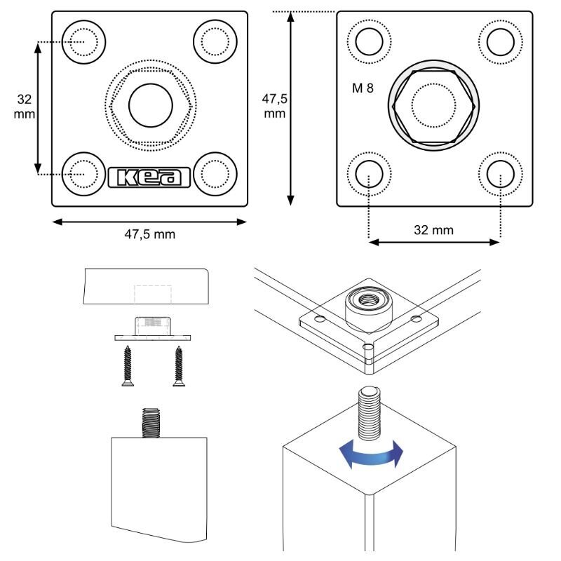 Quadrangular plate with bushing for table leg fastening 3 Quadrangular plate with bushing for table leg fastening 3