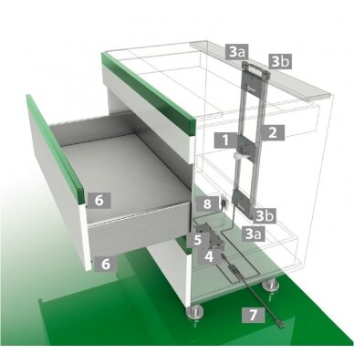 Rinkinys montavimui, kai spintelėje 1 stalčius arba skirtingo ilgio stalčiai 2