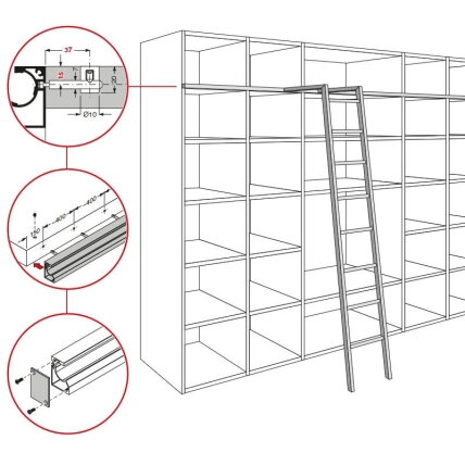 SCALA slankiojančios kopėčių sistemos bėgelis, tvirtinamas prie baldo 1 SCALA slankiojančios kopėčių sistemos bėgelis, tvirtinamas prie baldo 1