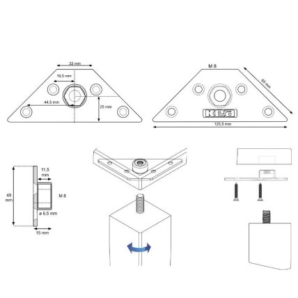 Triangular plate with bushing for leg fastening 3 Triangular plate with bushing for leg fastening 3