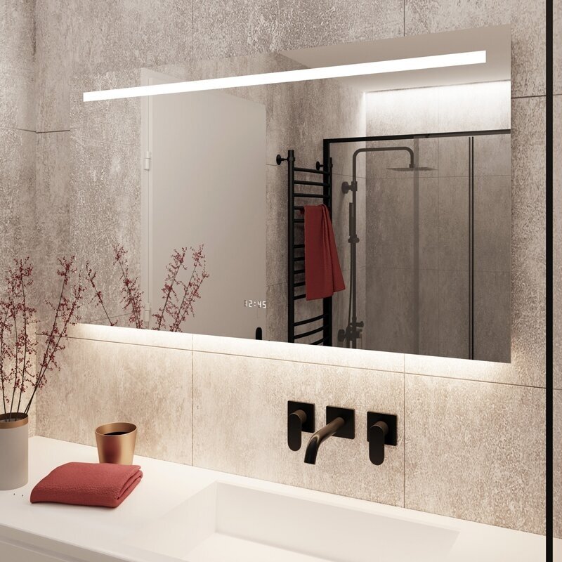Frameless LED mirror with integrated digital clock C4030